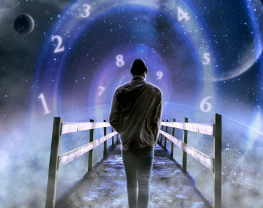 numerology header image of man on walkway with floating numbers